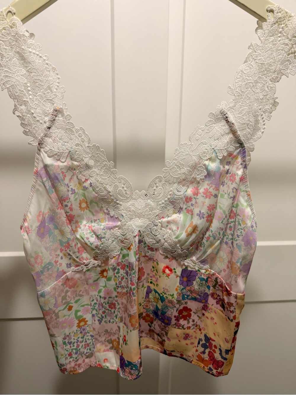 Free People Pastel Multi Floral Satin Lace-Trim Cami size large